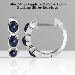 Blue Star Sapphire 5.10ctw Hoop Sterling Silver Earrings